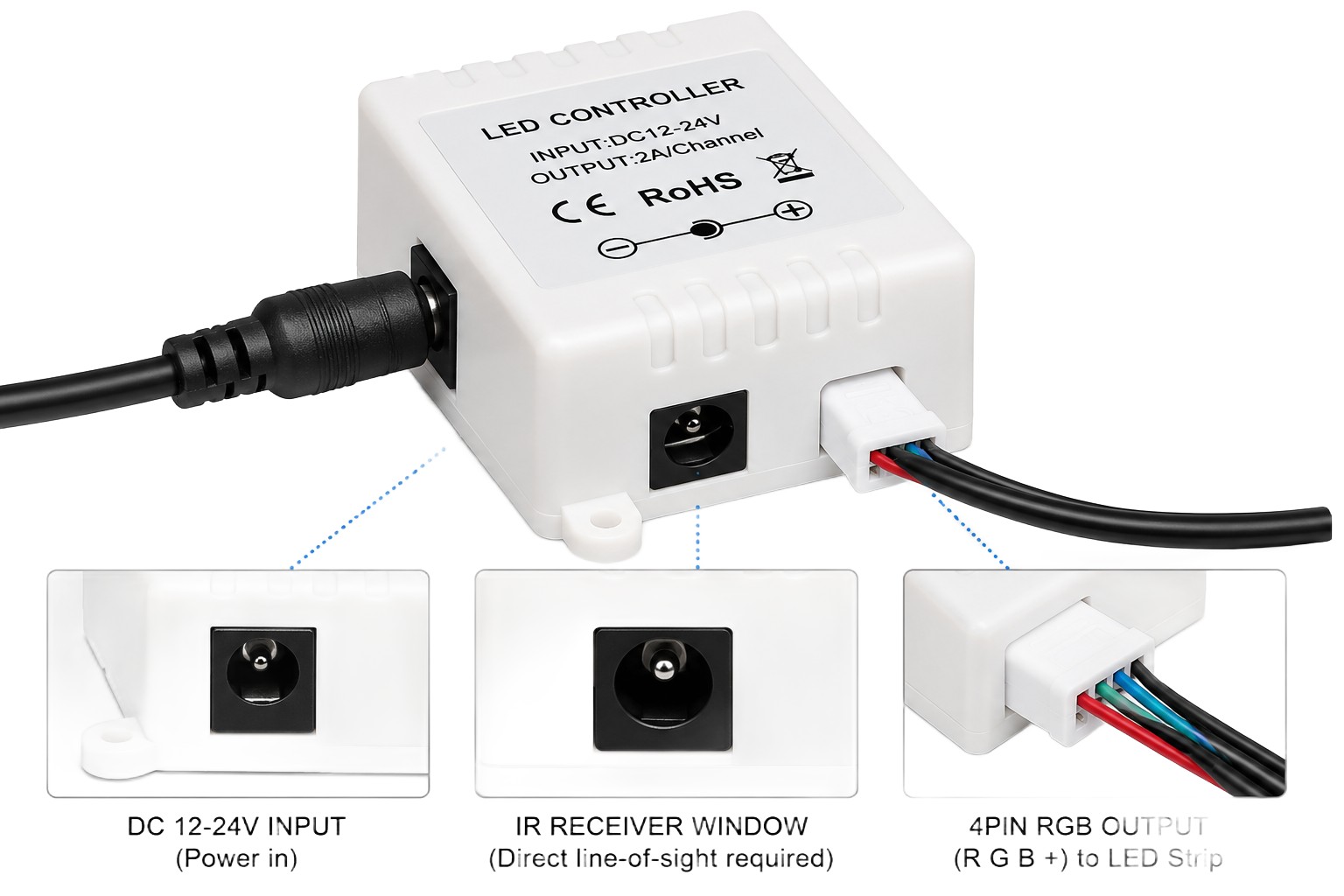 Schéma zapojení IR kontroléru mezi napájecí zdroj a RGB LED pásek